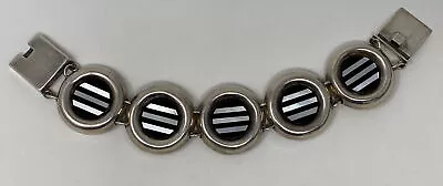 VINTAGE Signed MINGS Mexican  STERLING SILVER Pearl Onyx Inlay BRACELET • $680