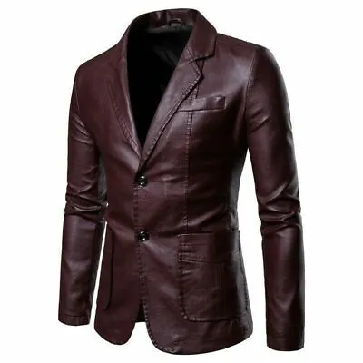 Men's Lapel Two Button Leather Jacket Slim Fit Coats Pocket Motorcycle Casual XL • $28.53
