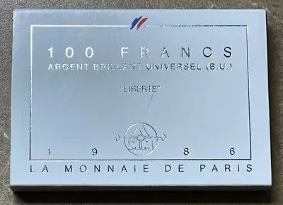 FRANCE - Silver 100 Francs - Liberty - 1986 - BU - La Monnaie De Paris OGP & COA • $35