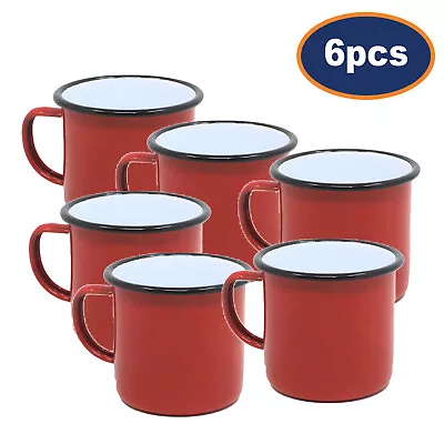 6pcs Falcon Red Black Rim 500ml Coffee Mug Enamel Tin Gas Electric Hobs Safe • £31.95