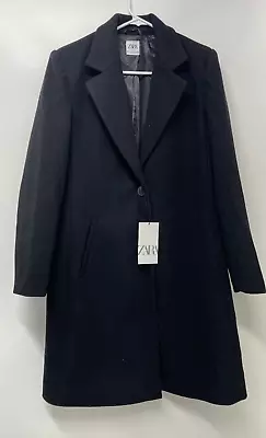 ZARA Womens M Fitted Pea Coat With Shoulder Pads Black Double Button V-Neck • $63.95