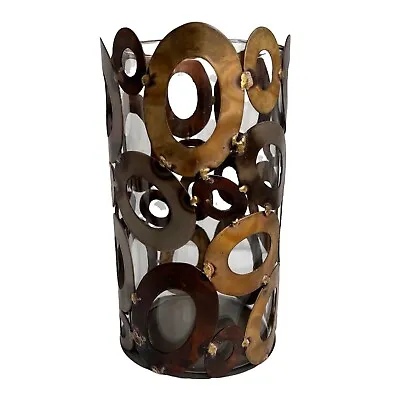 Vintage Brutalist MCM Metal & Glass Cylindrical Candle Holder Vase 8  • $44.99