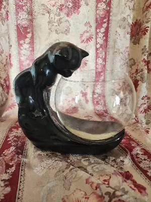 Vandor Japan Black Sleek Cat  Fishbowl Late 70s Figurine Haeger Style Vintage  • $29.92