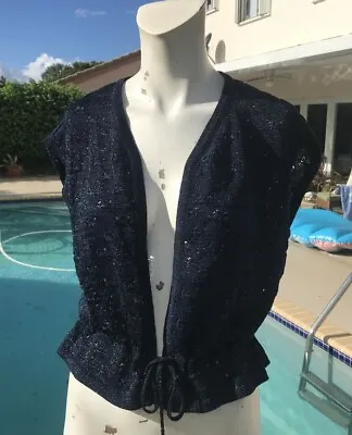 VINTAGE COURREGES PARIS NAVY BLUE KNIT SLEEVELESS TIE FRONT DETAIL TOP Sz 0 (S) • $67.49