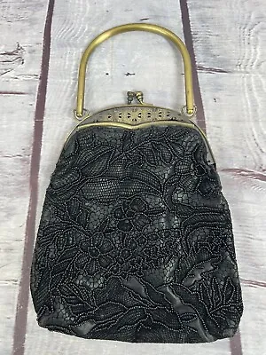 Vintage Micro Beaded Black Lace Art Deco Mini Bag Purse • $34.95