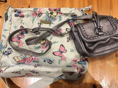 2 X Handbags Swanky Swans Canvas Butterfly Print Cross Body & Small Grey Bag • £3