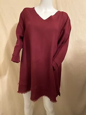 La Fixsun Linen Top Sz.M Oversized V Neck Frayed Trim Burgundy Excellent! • $36