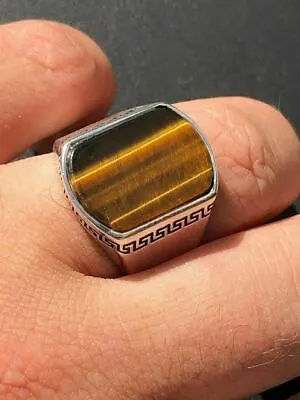 Solid 925 Sterling Silver Tiger's Eye Mens Signet Ring Size 7 8 9 10 11 12 13 • $49.21