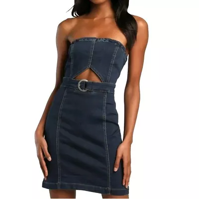 Free People XS As If Cutout Dark Wash Stretchy Denim Strapless Micro Mini Dress • $39.99