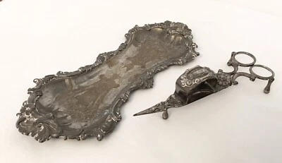 £125 • Buy 19th C. William Hutton & Sons Silverplate Wick Trimmer Candle Snuffer & A Plate
