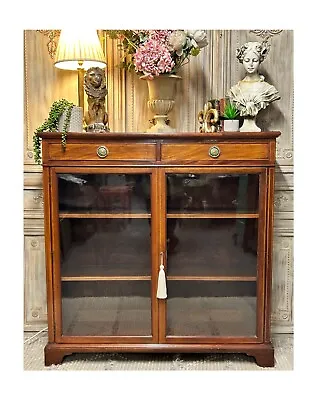 Stunning Edwardian Glazed Bookcase With Inlaid Detail And Key - Delivery • £545