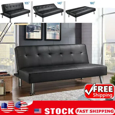 Modern Convertible Black Faux Leather Futon Couch Sleeper Sofa Bed Loveseat Blac • $216