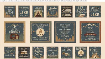 24.25  X 44  Panel Living The Dream Camping Cabin Quotes Cotton Fabric D688.75 • $10.08