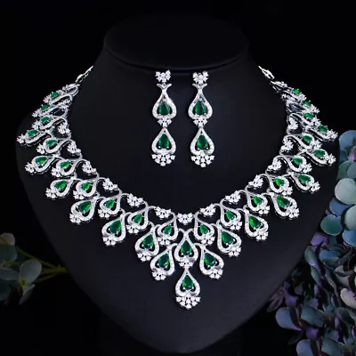 Charming Green Drop Tennis Necklace Earrings Wedding Engagement CZ Jewelry Set • $34.80