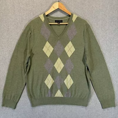 Banana Republic Green Argyle Sweater Mens Large Silk Cotton Cashmere Luxe V-Neck • $24.95