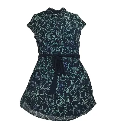 Anthropologie Maeve Navy Blue Bunny Rabbit Mini Sheath Button Up Dress Size 8 • £26.02