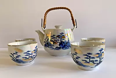 Vintage Lusterware Bonsai Trees Tea Set Teapot W/ Lid 4 Cups Rattan Handle Japan • $39.99