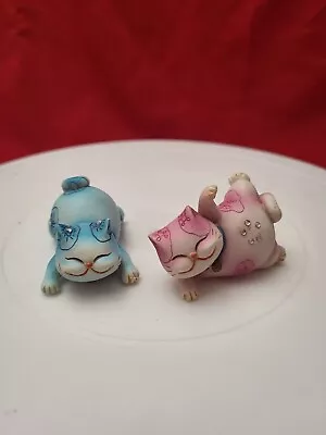 2 Vtg Maneki Neko Style Resin Blue & Pink Cat Small Figurine Red Eagle 2001 • $27.99