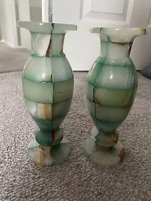 Pair Of Vintage Green Onyx Marble Vases Natural Stone 20cm Tall • £9.45