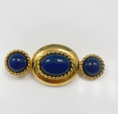 Monet Signed Pin Brooch Gold Tone Navy Blue Cabochon Stone Vintage Unique Bin8 • $9.99