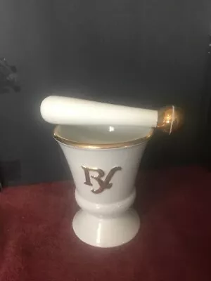 Vintage Owens Illinois Ceramic White And Gold Pharmacy Mortar And Pestle Display • $70