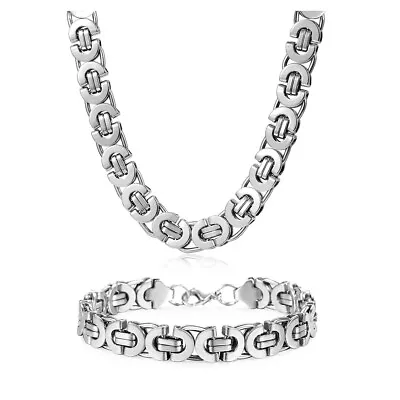 11mm Men's Silver Flat Byzantine Chain Necklace Bracelet Set Stainless Steel • $14.99