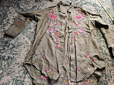 Zara Khaki Pink Floral Embroidered Shirt Size Medium • £10