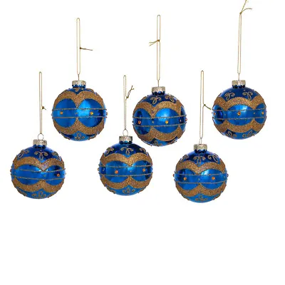 Navy Blue & Gold Glitter Set Of 6 Ball Glass Christmas Ornaments New In Box • $32.99