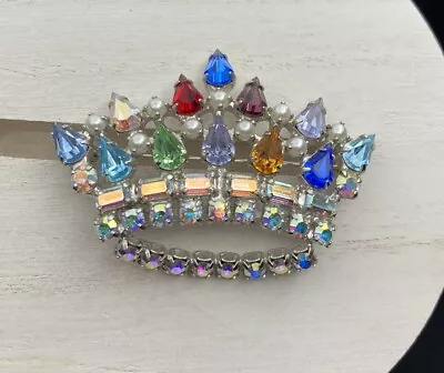 B David Signed Vintage Crown Brooch Pin AB & Multi-color Rhinestones Faux Pearl • $40