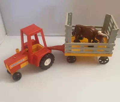 Vintage 1980 Fisher-Price Husky Helpers Red Farm Tractor Wagon & Bull #331 Toy • $24.99