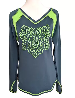 Athleta Green Top Activewear Workout Thumbholes Long Sleeves Stretch Graphic M • $14.88