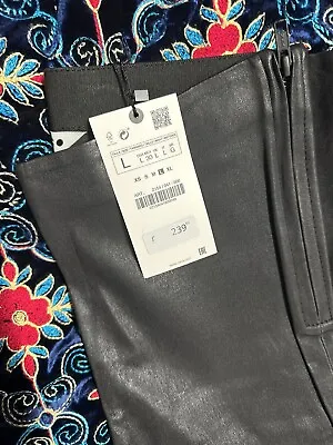 ZARA CROPPED FLARED SOFT STRETCHY REAL LEATHER PANTS BLACK Size L NEW • £45