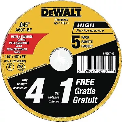 DEWALT Cutting Wheel Disc Metal Coated Cut 4-1/2 Inch Cut Off 5 Pack (DW8062B5) • $12.79