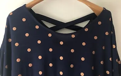 £6 • Buy Navy Blue Jersey Gold Polka Dot T-shirt Top 22 Short Sleeves Cross Back