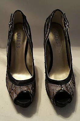 GUESS NEW 7 1/2 M Black Lace Stiletto 5 Inch Pump Heels Open Toe Very Cute • $27