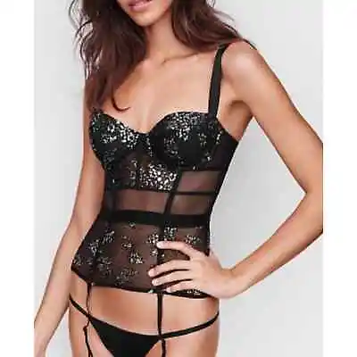 Victoria's Secret Metallic Black & Silver Floral Bustier Merry Widow Garters S • $29.75