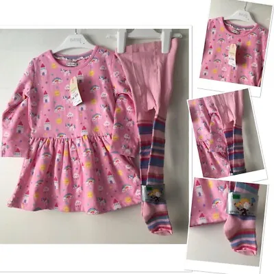 Crafted New Tags Baby Girls Unicorn Jumper Dress & New Rainbow Tights 1-2 Year  • £8.95