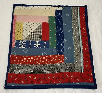 Vintage Antique Patchwork Quilt Table Topper Log Cabin Early Calicos Navy Red • $12.95