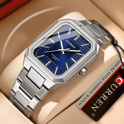 2024 CURREN Luxury Men's Quartz Watch 3 Bar Rectangular Luminous Stainless Steel • $32.99