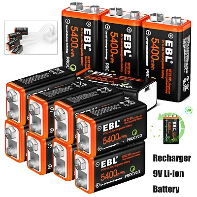 EBL 9V 6F22 LI-ion Batteries 5400mWh Lithium Battery Rechargeable / Charger Lot • $186.99