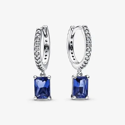 Pandora Sparkling Earrings Genuine Blue Rectangular Sparkling Hoop Drop Dangle • £20.99
