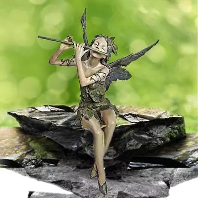 UK Flute Fairy Sitting Statue Resin Ornament Outdoor Garden Sculpture Home Decor • £10.06