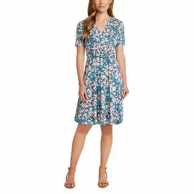 Matty M Faux Wrap Short Sleeve Dress - Floral Blue Slate • $9.99