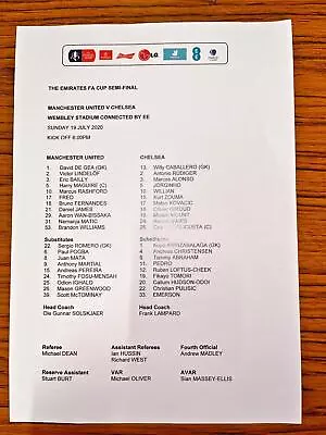 Manchester United Vs Chelsea FA Cup Semi Final Team Sheet 19/7/2020 • £10