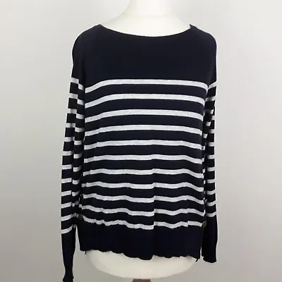 M&s Collection Ladies Womens Navy Blue & White Stripe Jumper Size Small Nautical • £6.99