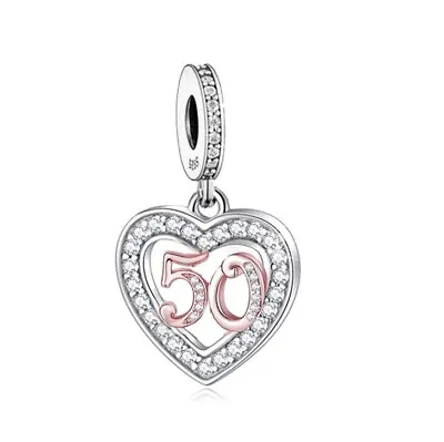 $28.99 • Buy S925 Silver & Rose Gold 50th Birthday Open Heart Charm By YOUnique Designs