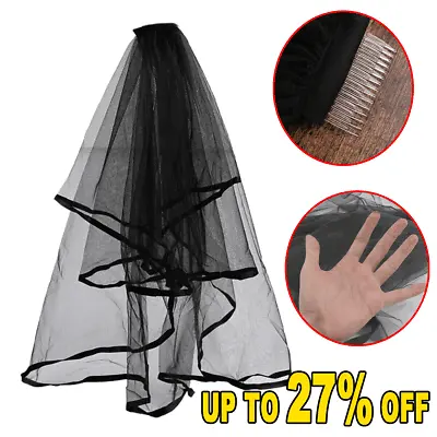 Black Wedding Gothic Halloween Veil Edge Comb Elbow Length Party Fancy Dress • £3.77