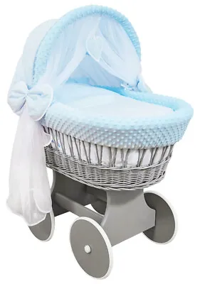 £159.99 • Buy GREY WICKER WHEELS CRIB/BABY MOSES BASKET + COMPLETE BEDDING Blue/Dimple
