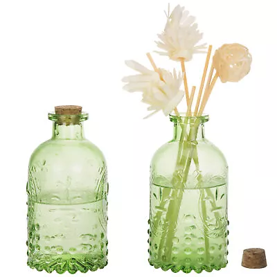 Set Of 2 Vintage Design Embossed Green Glass Bottle With Cork Lid • $19.99