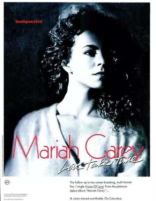 1990 Mariah Carey  Love Takes Time  Song Release Music Industry Promo Reprint Ad • $8.83